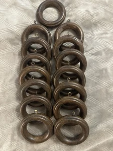 Brown Wooden Curtain Rod Drapery Round Ring w/ Eye Hooks Set Of 15 2.5” Opening - Picture 1 of 2
