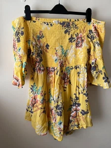 River Island Top Size 18 Yellow Off The Shoulder Shirred 3/4 Sleeve Blouse Party - Picture 1 of 12