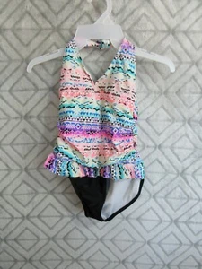 OP 1 Piece Swimsuit Size L 10 12 Girls Multi Colors Hook Around the Neck Keyhole - Picture 1 of 4