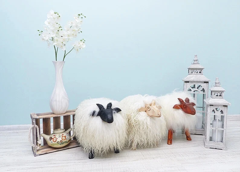 Sheepskin Ottoman.Natural Sheepskin Footstool Christmas Gift.Nursery Room Decor  - Image 1 of 4