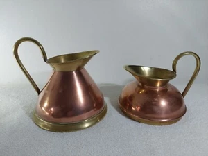 2 Vintage Broad Base Copper & Brass Water Pitcher, 1 x 4.75" Tall 1 x 6" Tall - Picture 1 of 4