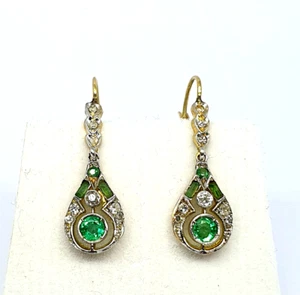 Antique 18kt Gold Drop Earrings With Natural Diamonds and Emeralds - 308 - Picture 1 of 10