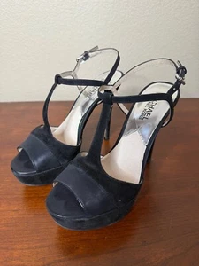 Women Michael Kors Felicia T Strap Platform Peep Toe Heel BLACK 6.5 - Picture 1 of 6