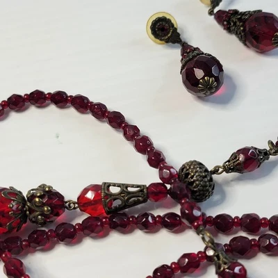 Juego de pendientes collar aleta de 50" de cuerda de vidrio rojo facetado dulce romance Foto 1 de 4