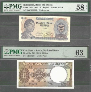 Indonesia Vietnam 2 Notes P-103 2 2-1 Rp, P-15a  1 Dong PMG 58, PMG63 - Picture 1 of 7