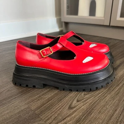 Sapatilhas plataforma Burberry Aldwych couro vermelho barra em T 37,5 preto robusto Mary Jane - Imagem 1 de 4