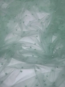 1 mtr sage green pearl beaded tulle net bridal dress fabric..58” wide (147cm) - Picture 1 of 3