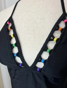 🚨🔥Vintage OP Ocean Pacific Swim Top Black Tie Neck Rainbow Beads Medium 80s - Picture 1 of 5