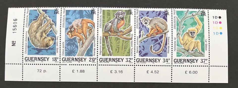 GUERNSEY 1989 MNH TIRA DE CONFIANZA ZOOLÓGICA CON MÁRGENES CONJUNTO CON CICLO 1D Foto 1 de 1