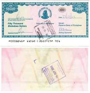 Zimbabwe Travellers Cheque 50 000 Dollars P#19 (2003) - Picture 1 of 1