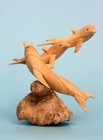 Wooden Hand-Carved 3 Dolphins Statue, Tropical Nautical Coastal Dolphin Figurine