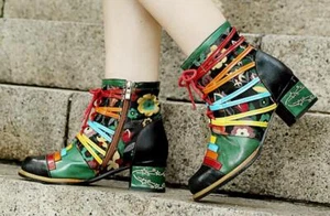Damen Lederdruck Spleißen Farbbandagen Blockabsatz Stiefeletten Schuhe - Bild 1 von 9