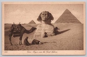 Cairo Prayer Near the Great Sphinx with Camel Pyramids Egypt Lithograph Postcard - Picture 1 of 2