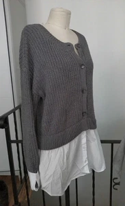 NWT Anthropologie 2-in-1 Gray Sweater Cardigan & White Oxford Shirt Tail Cuffs L - Picture 1 of 19