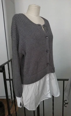 NWT Anthropologie 2-in-1 Gray Sweater Cardigan & White Oxford Shirt Tail Cuffs L - Image 1 of 4