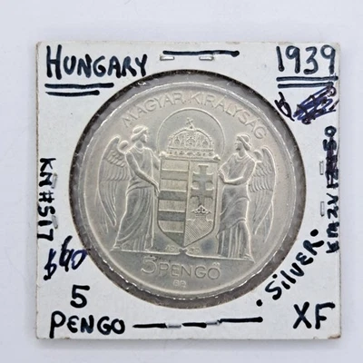 1939 Hungary 5 Pengo Silver Coin Admiral Miklos Horthy XF Fre Shipping - Image 1 of 3