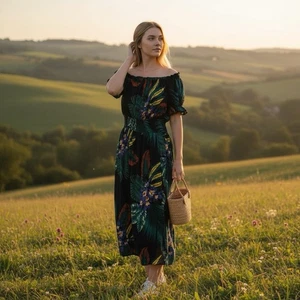 Patrons of Peace Tropical Smocked Midi Dress L Navy Rayon Boho TOP - Bild 1 von 6