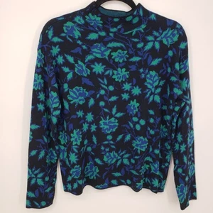 Ann Taylor Floral Jacquard Mock Neck Sweater XS Cotton Blend Black Green Blue - Picture 1 of 8