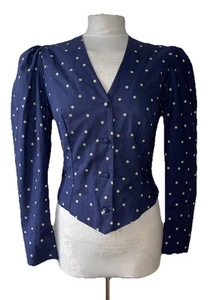 LAURA ASHLEY ANNI 80 ABITO VESTITO SMANICATO BLU NAVY-BIANCO A POIS TAGLIA 10 - Foto 1 di 11