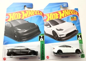Hot Wheels Tesla Model Y Black #15 - 2024 HW Green Speed +2023 White-2pcs - Picture 1 of 1