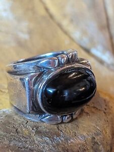 Vintage Silver Ring Size 5.25 Black Onyx Scroll Sterling Silver Band Ring