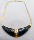Vintage Avon Black Enamel Necklace Gold Tone Rhinestones Art Deco Style 16" Appr