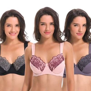 Plus Size Unlined Minimizer Underwire Bra with Embroidery Lace-3 Pack - Picture 1 of 7