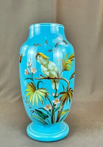 19th C. Bohemian Hand-Enameled Blue Opaline 11 ¾” Vase w/Cockatoo & Butterfly - Picture 1 of 23