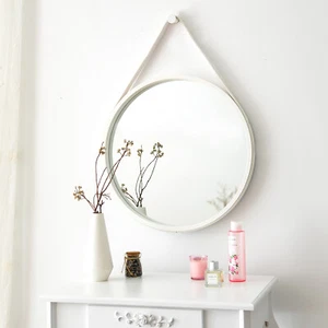 Leather Strap Wooden Wall Mirror/Round Hanging Mirror ( White , 50 dia )-M31W - Picture 1 of 8