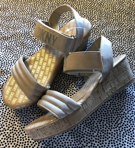 DKNY Sandals Womens Sz 5 Cork Wedge Sandals NWOT ~ Matte Gold DKNY Logo Design - Picture 1 of 8