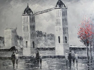 London Large Oil Painting Canvas Cityscape Tower Bridge Art Red Black White - Picture 1 of 1