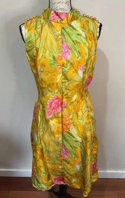 70 年代 60 年代丝绸花卉迷你无袖连衣裙浪漫 Victor Costa Union 阅读 — 第 1/4 张图片