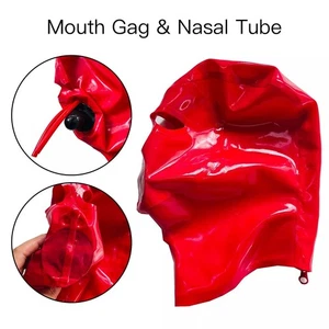Latex Mask with Mouth Gag and 15cm Long nasal tube Back Zip Fetish Rubber Hood - Picture 1 of 6