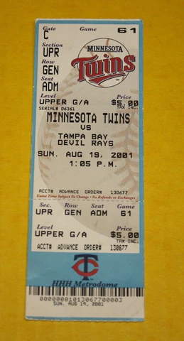 Minnesota Twins Ticket Stub | August 19 2001 | Eric Milton Win Torii Hunter Hit Cover