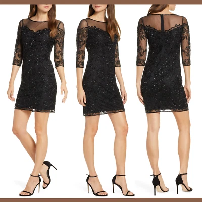 NUEVO CON ETIQUETAS $178 Vestido Vaina Pisarro Noche Con Cuentas Ilusión Malla en Negro [Talla 4] #G592 Foto 1 de 4