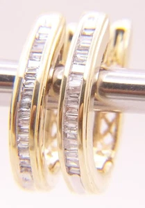 Beautiful 14 K Gold .5 CTW Sparkly Baguette Diamonds 1/2" Hoop Earrings - Picture 1 of 22