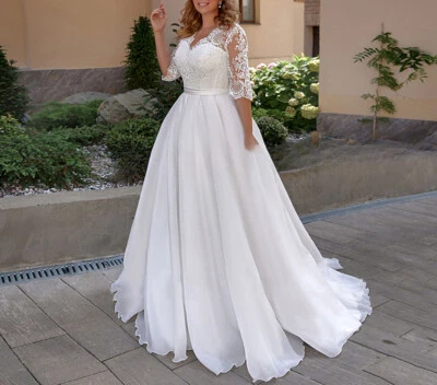 Plus Size Wedding Dresses V Neck Half Sleeves Applique A Line Bridal Gowns Train - Imagem 1 de 4