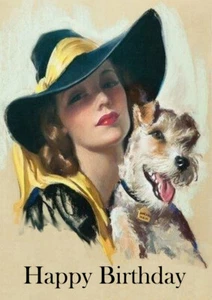 WIRE FOX TERRIER DOG BIRTHDAY GREETINGS NOTE CARD DOG AND GLAMOUR LADY - Picture 1 of 1