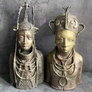 Vintage Original Pair Benin Oba King and Queen Bronze Castings 20lbs/16" Nigeria - Picture 1 of 24