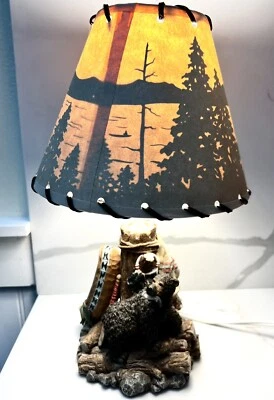 Bear Fish In Mouth Canoe Ceramic Base Tablelamp Lake View Shadow Lampshade 14”H - Image 1 of 4