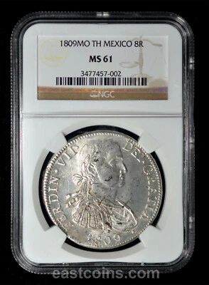 NGC MS61 1809 MO TH México Ferdinand VII prata 8 reais - Imagem 1 de 4