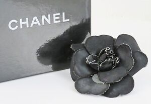 Authentic CHANEL Black Fabric Camellia Flower Design Brooch Pin #52195B