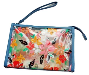 Vera Bradley Make-up Case Wallet Wristlet Gray Floral Flamingo Clear See Thru - Picture 1 of 6