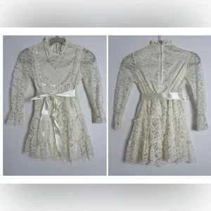 Vintage Girl's First Communion Cream Tiered All Lace Attached Necklace Dress S/M - Picture 1 of 9