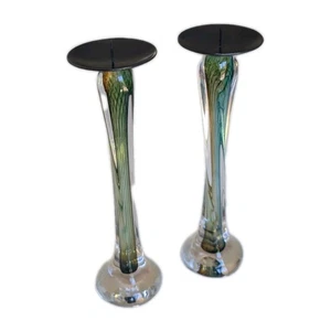 Pair of Signed Jan Benda Hand Blown Art Glass Candlesticks Iridescent Green 9.5" - Picture 1 of 11