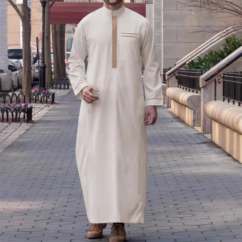 Para hombres Manga Larga Musulmana Ropa Arabia Saudita Jubba Kaftan Thobe Vestido Largo Bata Foto 1 de 4