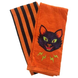 Halloween Scary Orange and Black Cat Kitchen Towel Set, 2 Terry Dish Towels - Picture 1 of 3
