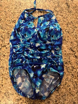 Traje de baño Longitude Natación 16 Azul Cuello Alto Corbata Resort Playa Vacaciones Adelgazante Foto 1 de 4