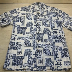 Camicia vintage Ho Aloha uomo Med hawaiana tribale blu beige cotone made in USA - Foto 1 di 19