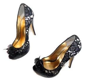 M.P.S. Women's Black Lace Patent Leather Bow Peep Toe Pumps ~ Size 7M - Picture 1 of 8